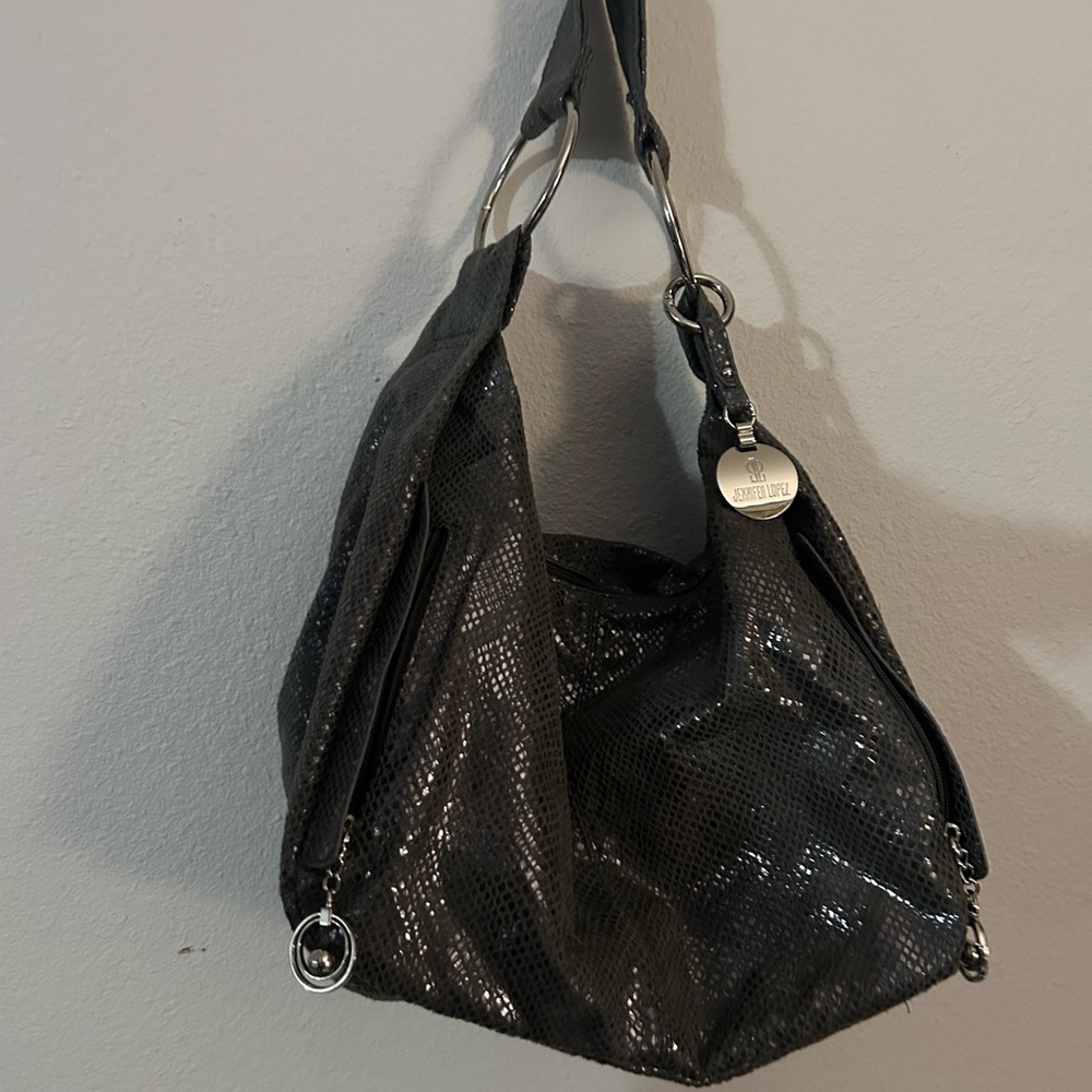 Jenifer Lopez Shimmery Black Hobo Bag with Silver Rings-Great Purse ! Sexy! - Picture 3 of 12